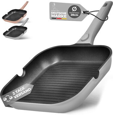 Гриль-сковорода NEU 28 см з виливом та знімною ручкою, антипригарна, без PFOA, для індукції, жаростійка, сіра