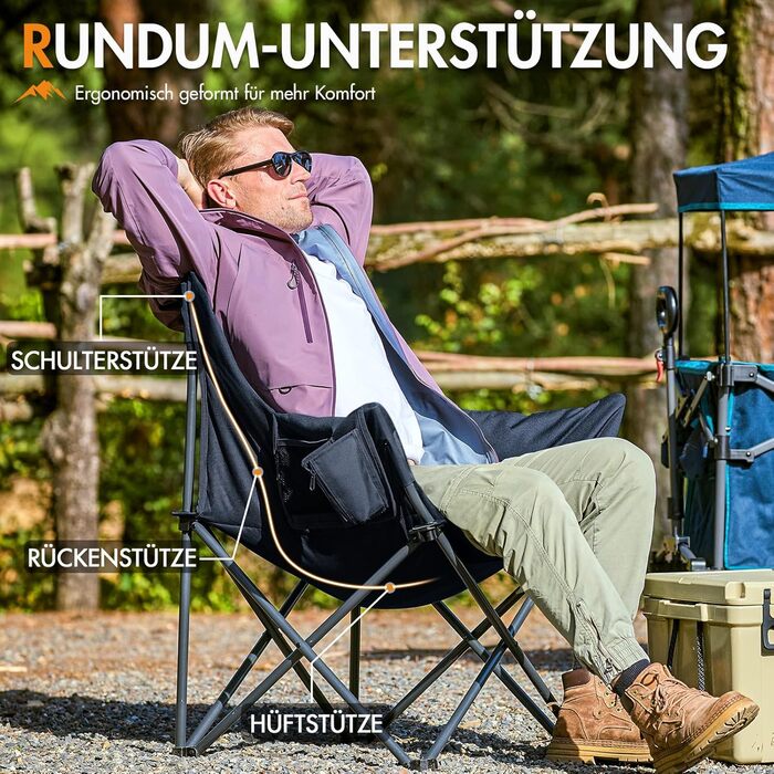 Крісло для кемпінгу складне, XXL, чорне, 150 кг, з підлокітниками, м'яке, для відпочинку на природі