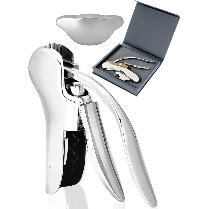 Kitchtic Wine Opener - Wine Bottle Opener - Stainless Steel - Opens in just 3 seconds with a quick up and down motion - Waiter's Knife - includes foil cutter - Silver