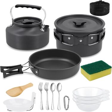Набір кухонного посуду для кемпінгу: 15 предметів, чорний. Ідеально для пікніків, походів та кемпінгу. Включає казанок, сковорідку, чайник та інше.
