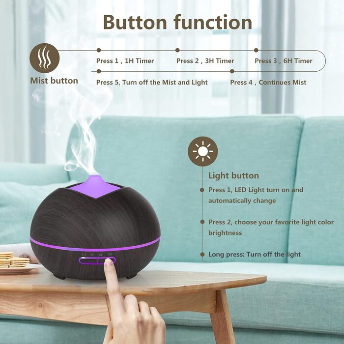 Ароматичний дифузор 500 мл з таймером, LED-підсвічуванням та пультом керування, для дому, йоги, SPA. Темне дерево, коричневий колір