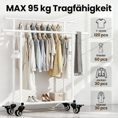 Підвісна шафа-органайзер Treeboy на колесах, мобільний вішак для одягу з 2 перекладинами та полицею, вантажопідйомність до 95 кг, легко ковзаючі колеса, швидкий монтаж для спальні, вітальні, пральні, гардеробної (Білий, 41x113x162 см)