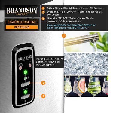 Машина для приготування льоду Brandson з нержавіючої сталі, 2.2 л, самоочищення, маленькі та великі кубики льоду, срібна