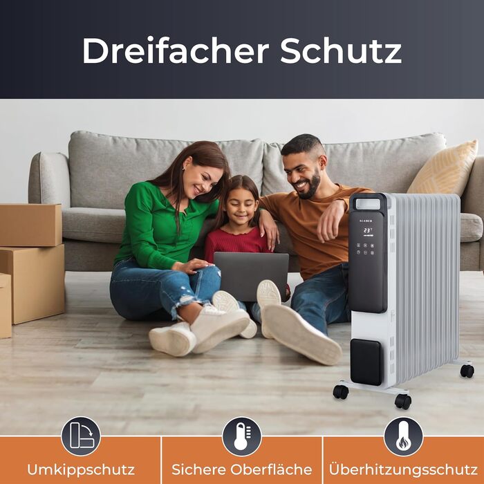 KLAMER Oil Radiator 2500 W, Electric Heater, Energy-Saving, 13 Fins, 3 Heating Levels with Eco Mode, 24h Timer, Thermostat, Overheat & Tip-Over Protection, with Remote Control, for Indoor Use, White/Weiss