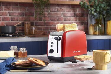 Russell Hobbs Toaster [for 2 slices] Colours Plus Stainless Steel Red (extra wide slots, includes bagel attachment, 6 browning levels + defrost function, Lift & Look function, 1600W) 26554-56 Toaster Compact NEW