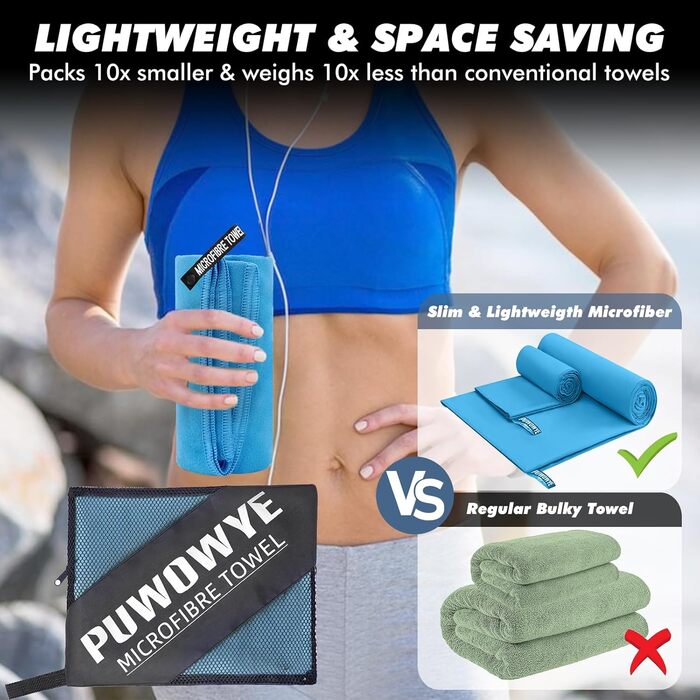 Набір рушників з мікрофібри PUWOWYE (2 шт.): великий (160x80 см) + маленький (80x40 см), швидковисихаючі, для спорту, фітнесу, сауни, пляжу, подорожей та відпочинку на природі (ясний блакитний)