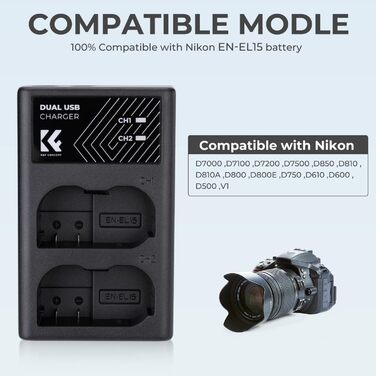 Зарядний пристрій для акумулятора Nikon EN-EL15/EN-EL15a/EN-EL15b з подвійним слотом K&F CONCEPT, Micro USB та Type-C, швидка зарядка для Nikon D7000, D7100, D7200, D750, D850, D810, D800, D800E, D610, D600, D500
