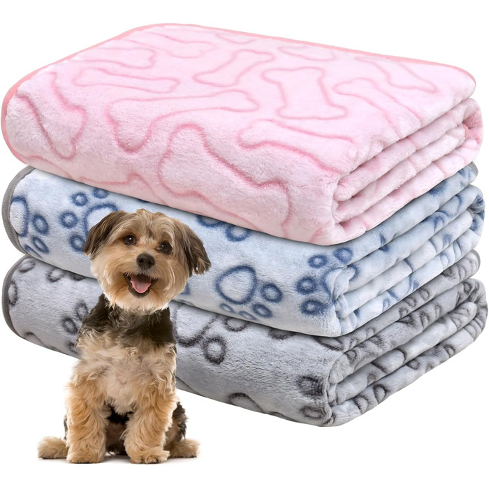 3 шт. м'яка ковдра для собак, котів, 110x80 см, 50x60 см, миюча, фланелева, для дому та подорожей (сірий, блакитний, рожевий)