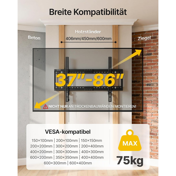 Настінний кронштейн для телевізора monTEK Ultra Flach (37-86 дюймів), до 75 кг, VESA 600x400мм, фіксований, для бетонних та дерев'яних стін