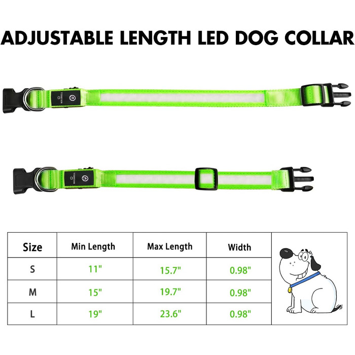 Світловідбиваючий нашийник для собак MABRILL з LED підсвічуванням, водонепроникний, регульований, 3 режими світла, зелений (L)