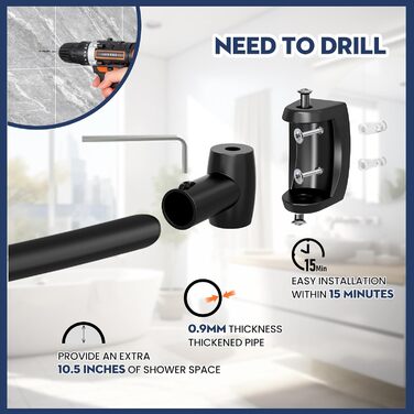 Вигнута штанга для душу, 107-190 см, регульована, чорна, кругла, для ванни, душової кабіни, з нержавіючої сталі, преміум-якість, потребує свердління