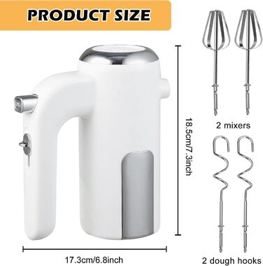 Ручний міксер Handmixer 400W з 5 швидкостями та турбо-функцією, з нержавіючої сталі, для кухні, білий