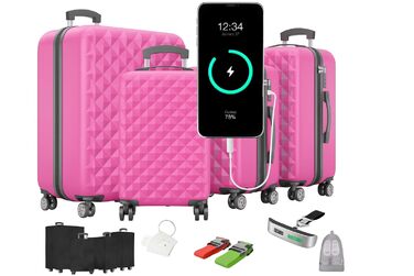 Преміум набір валіз 4 шт. – жорсткі валізи з TSA-замком, USB-порт – плюс ваги для валіз, ремені, адресники, тримач для напоїв, чохол для взуття, захисні чохли, рожевий