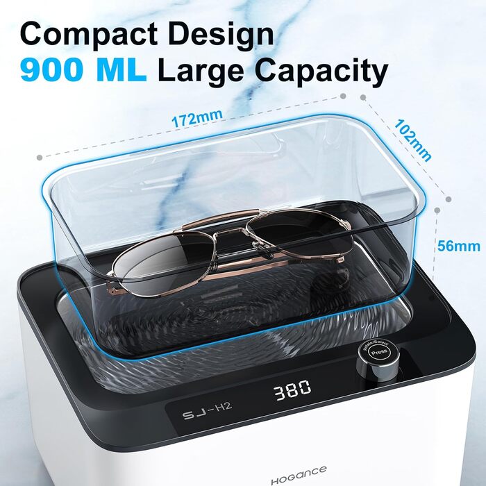 Ультразвукова очищувачка 900мл, 50W, 45kHz для ювелірних виробів, окулярів, годинників, зубних протезів, з 6 режимами та функцією дегазації, біло-чорна