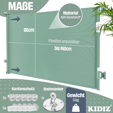 Захист для сходів KIDIZ®: розтягуваний захист для дітей та домашніх тварин | Захист для сходів та дверей | З кріпленням до підлоги та аксесуарами для монтажу (0-140 см, зелений)