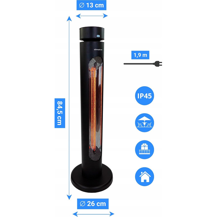 Інфрачервовий обігрівач Climative 2500W з 9 рівнями, IP65 для тераси та приміщення, настінний, з пультом та таймером, чорний (Aura)