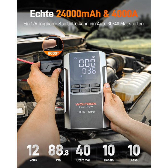 WOLFBOX 4000A: Портативний пусковий пристрій з компресором 160PSI, 12V, 65W, 88.8Wh для бензинових/дизельних двигунів, LED-ліхтар, кабелі для підключення