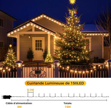 LED гірлянда для прикраси ялинки та декору на балкон/сад: 15м + 5м, 150 LED, тепле біле світло, таймер, пульт, 8 режимів