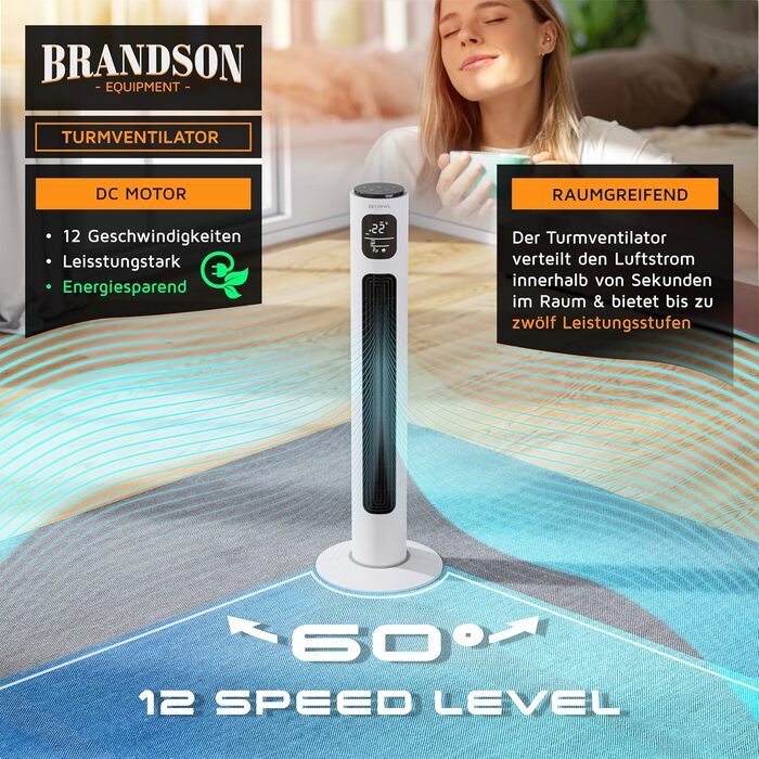 Вентилятор торгової марки Brandson ECO з DC-двигуном: тихий, 12 швидкостей, таймер, пульт ДУ, енергозберігаючий (перламутрово-білий)
