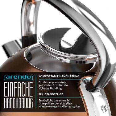 Електричний чайник Arendo з регулюванням температури, LED дисплеєм та сенсорною панеллю. Ретро-дизайн, об'єм 1,7 л, функція підтримки тепла, вимірювання, змінний фільтр від накипу. Матеріал: нержавіюча сталь, колір: мідний.