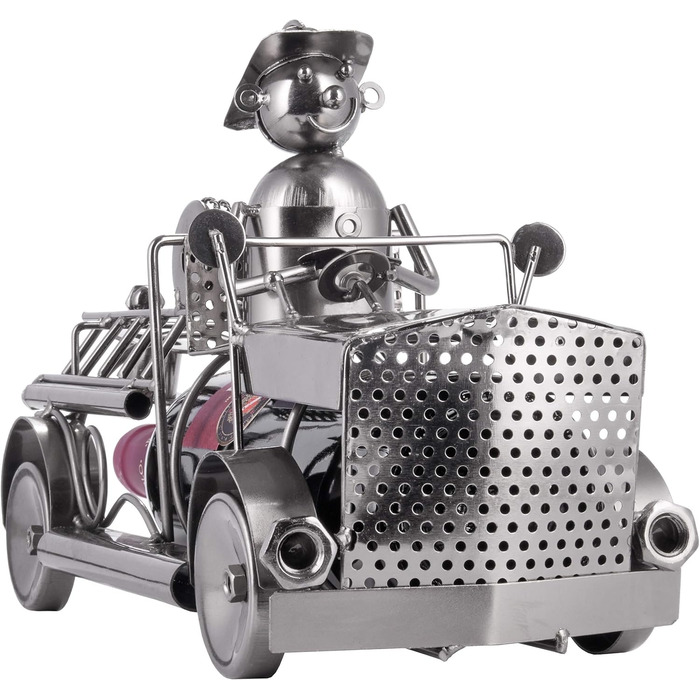 BRUBAKER Wine Bottle Holder Fire Department - Fire Truck Metal Sculpture Bottle Stand - 32 cm Metal Figure Wine Gift for Firefighters - with Greeting Card