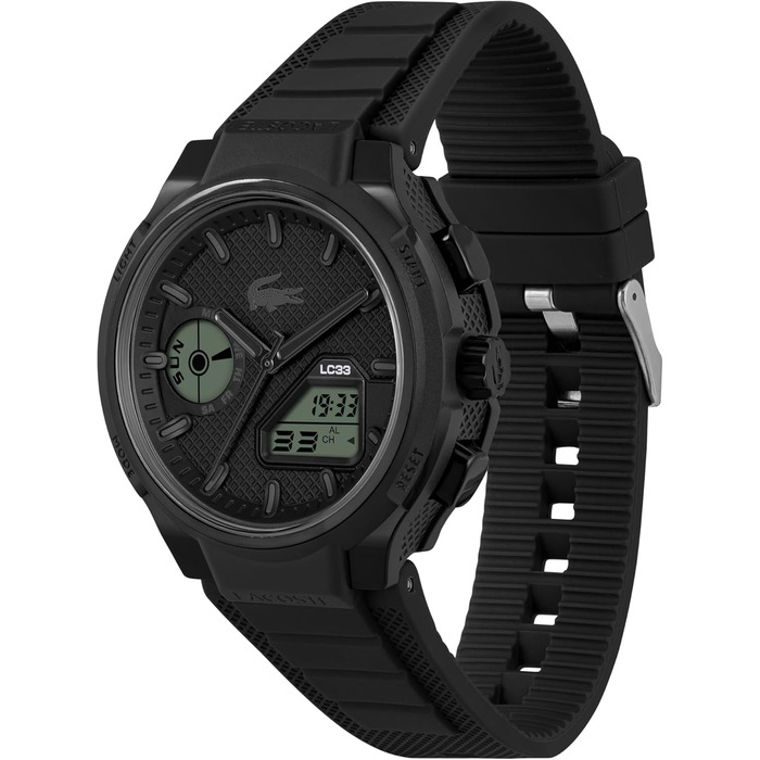 Годинник Lacoste LC33: чоловічий/жіночий кварцовий годинник з багатофункціональним дисплеєм та силіконовим ремінцем (повністю чорний)
