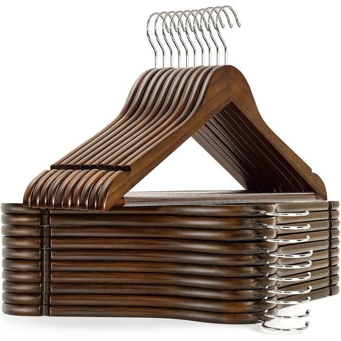 Дерев'яні вішалки для одягу Amber Home, 20 шт., масивне дерево, гладке ретро-покриття, антиковзаюча перекладина для штанів, обертовий 360° гачок, прорізи для сорочок та жакетів