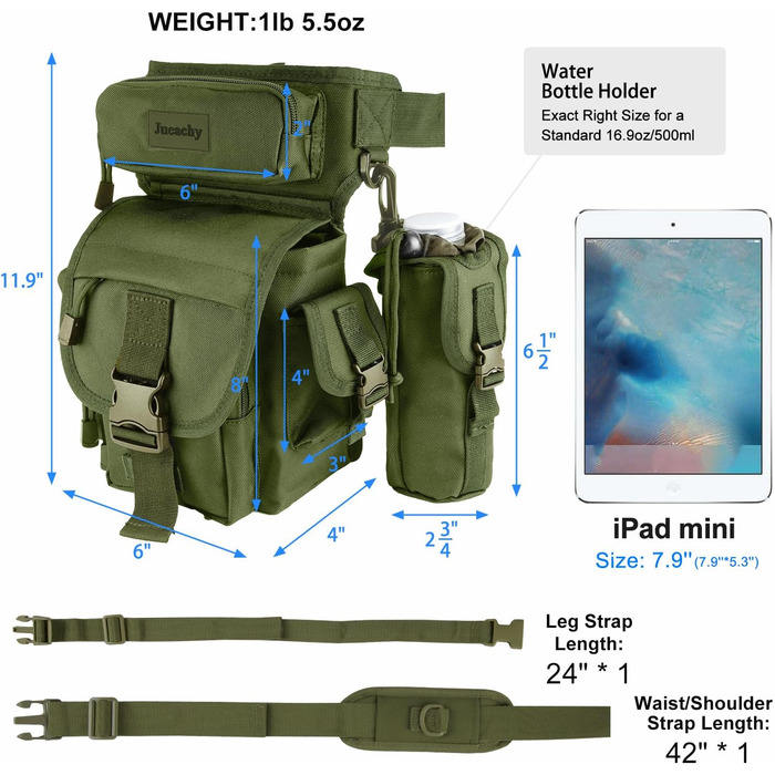 Тактична нагрудна сумка на ногу Jueachy, водонепроникна, для риболовлі, туризму, військових, з кишенею для пляшки (зелена)