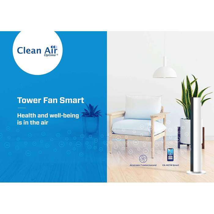 Вентилятор вежний Smart Clean Air Optima CA-407 Luxus з іонізацією та фільтром від пилу - до 500 м³/год, управління зі смартфона