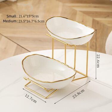 MEESOGA Багатоярусна фруктова тарілка з кераміки на 2 яруси - порцелянова фруктова тарілка з металевим підставкою для кухні. Підходить для фруктів, овочів, закусок та солодощів.