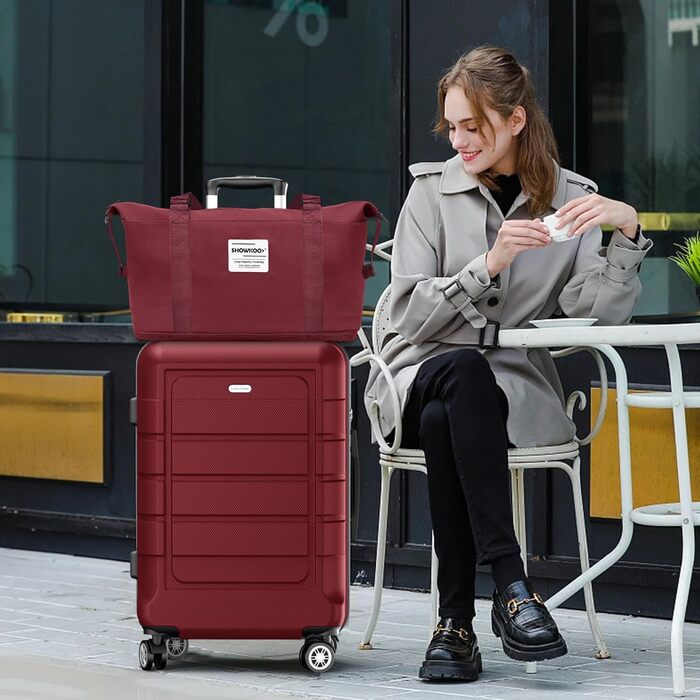 Чемодан SHOWKOO з жорстким корпусом, XL, червоний (Set): розширюваний, з TSA-замком, 4 колеса, з набором аксесуарів (сумка для подорожей, туалетна сумка)