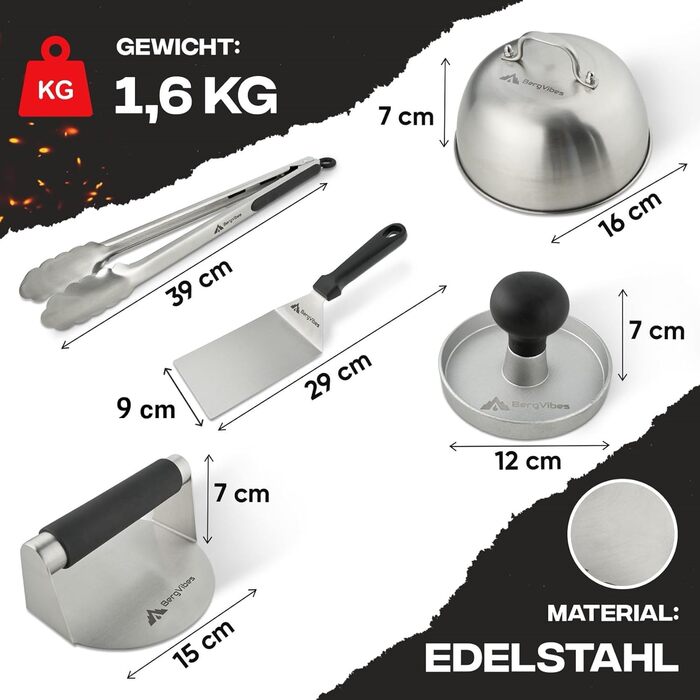 Набір для приготування Smash Burger від BERGVIBES (6 предметів) з нержавіючої сталі: прес, ложки, прес для планки, лопатка, щипці, спресер