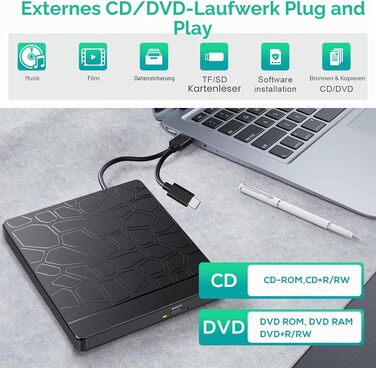 Зовнішній CD/DVD-привід Labtec для ноутбука Windows 11/10, USB 3.0 та Type-C, з картридером SD/TF та USB-хабом, портативний DVD-брунер