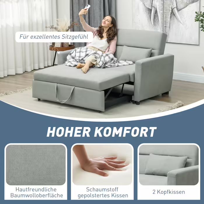 HOMCOM Sleeper Sofa, 2-Seater Sofa Bed with Sleeping Function, Adjustable Backrest, Couch with Cushions, Velvet Look, Sleeper Sofa with Storage Box for Living Room, Guest Room, Light Grey | Aosom