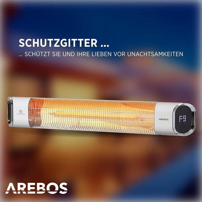 Інфрачервовий обігрівач Arebos 2000W з пульт дистанційного керування | 2 режими нагріву | кут нахилу 60° | комплект кріплення | обігрівач для тераси, даху, стелі | срібляний