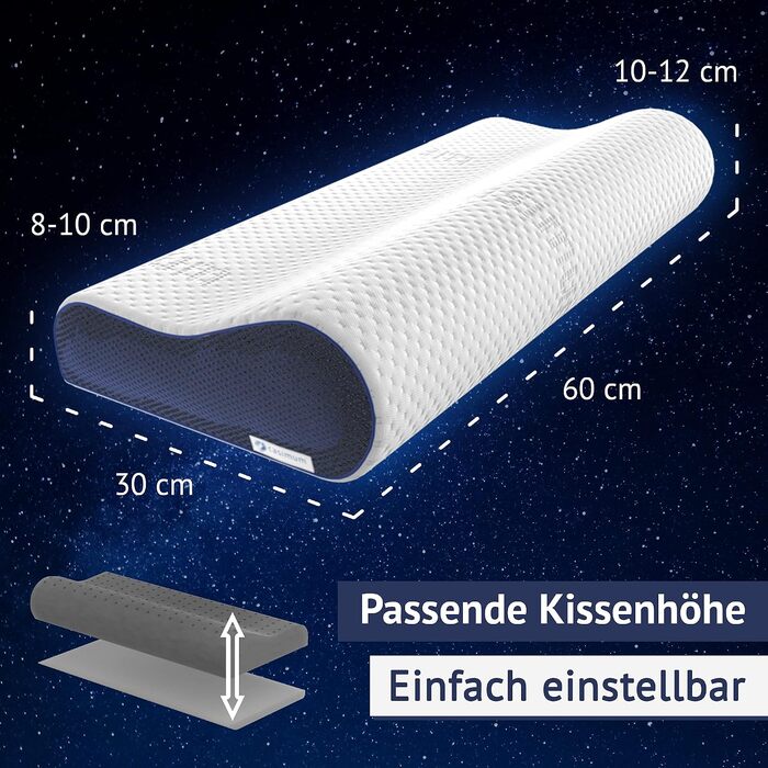 Ортопедична подушка для шиї з ефектом пам'яті (Memory Foam), регульована висота, для підтримки шийного відділу хребта та зняття болю, 60x30 см, середній рівень жорсткості