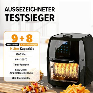 Gourmetmaxx Digital Hot Air Fryer XXL - 9L Oven | Air Fryer with Timer Function, Touch Display, Rotisserie, Skewers | Low-Fat, Energy-Saving Frying | 8 Programs, 1800 W Black 9 Liters
