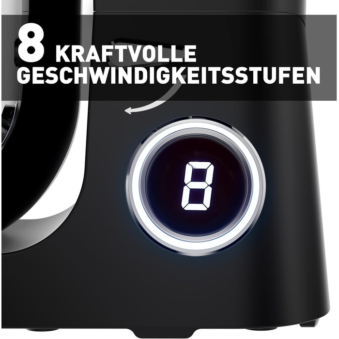 Кухонна машина Heinrichs 2500W з подвійним гаком для тіста, міксером та вінчиком, 8 швидкостей, чаша 8L з нержавіючої сталі, чорна