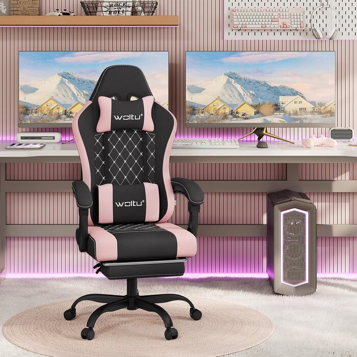 WOLTU Gaming Chair with Massage Function, Computer Chair with Pocket Spring Cushion, Ergonomic Gamer Recliner, Swivel Chair with Headrest, Lumbar Pillow, Footrest, Mesh Fabric, Black+Pink, GS15swr Black+pink Mesh Fabric