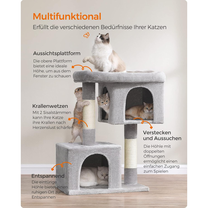 Feandrea Cat Tree, 84 cm Cat Tree, L, Cat House for Large Cats up to 7 kg, Large Platform, 2 Cat Caves, Sisal Posts, PCT61W (XL (68 x 48 x 101 cm), Light Grey)
