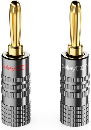 Набір бананових конекторів DeleyCON (8 шт.) – позолочені, гвинтові, для акустичних/динамічних кабелів, 0.75-4.5 мм, Hi-Fi аудіо, домашній кінотеатр, сірий