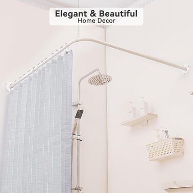 Штанга для душу L-подібної форми, регульована, з 12 кільцями та опорою для стелі, для ванни/ванної кімнати, білий, 60-130см x 60-130см