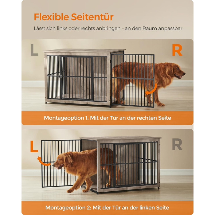 Клітка для собак Feandrea XL, меблева, з журнальним столиком, для собак до 37 кг, міцна, закритий дно, 2 двері, сірий меланж (110 x 76 x 82 см)