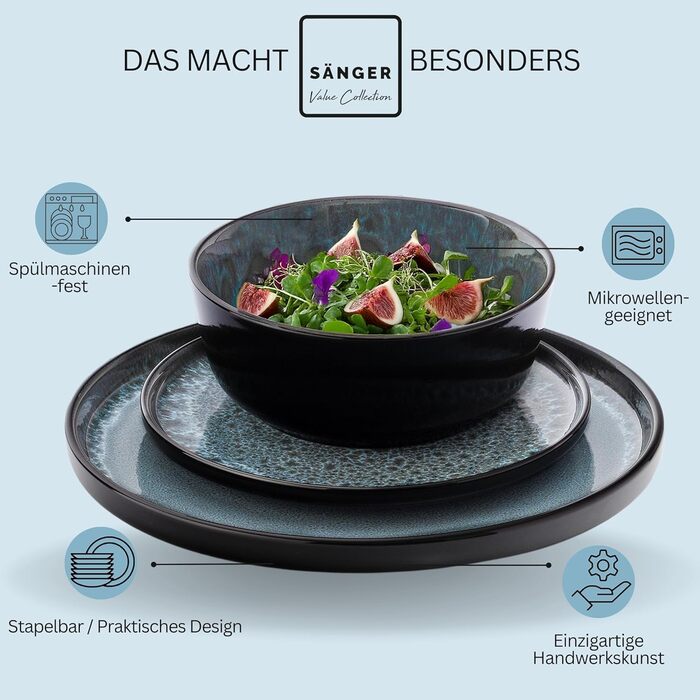 Набір посуду SÄNGER Manila 24 частини: 6 тарілок, 6 сніданок, 6 глибоких тарілок, 6 мисок для пасти, блакитний з чорним обідком, кераміка для 6 осіб