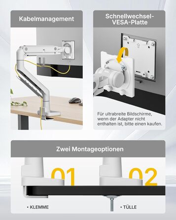 Кронштейн для монітора monTEK з газліфтом для екранів 17-57 дюймів, посилений настінний тримач до 27 кг, VESA 75/100 мм, білий