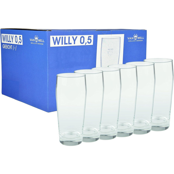 Van Well Willibecher 0,5 л (6 шт.) – преміум пивні склянки 500 мл, міцне скло, підходять для посудомийної машини, з мірною відміткою, пінтові склянки для дому та закладів