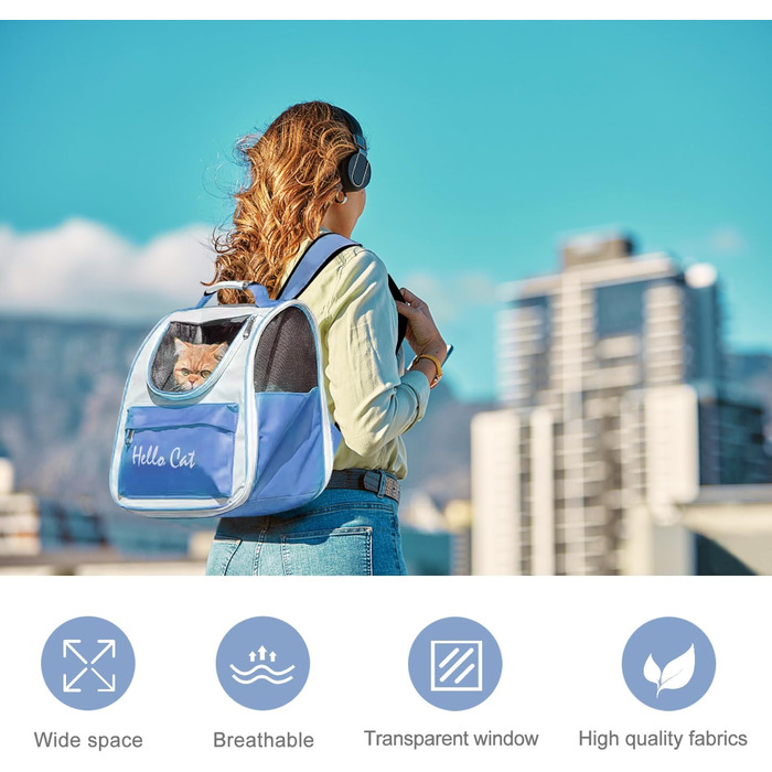 Рюкзак для тварин з сіткою, складаний рюкзак для кота/собаки з мискою для подорожей, водонепроникний оксфорд, до 15 кг, блакитний