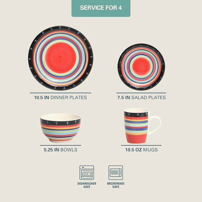 Сервіз Gibson Home Festival Rings (16 предметів) для 4 осіб: набір посуду з кераміки, ручне розмальовування, кольоровий, сумісний з мийною машиною та мікрохвильовою піччю