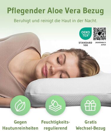 Orthopedic Neck Pillow / Side Sleeper Pillow NuMOON for Cervical Spine Pressure Relief, Recommended by Experts, Pillow for Allergy Sufferers, Anti-inflammatory Aloe Vera Extract & Free Cover
