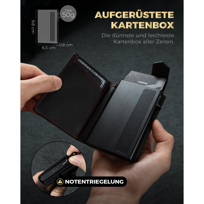 Чоловіче картхолдер LORZOR® з магнітною застібкою, slim-гаманець з відділенням для монет, RFID захист, для 10 карт, чорний/червоний